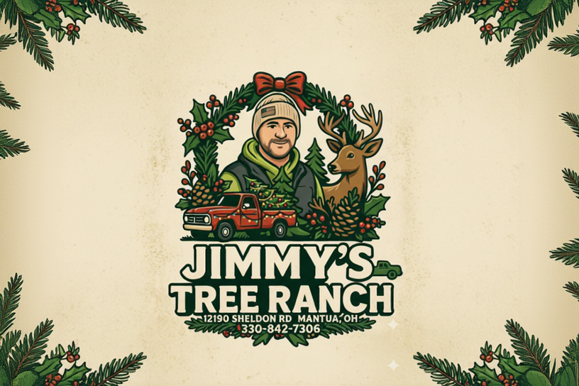 Illustration of a man with a truck, deer, and Christmas tree surrounded by festive elements with 'Jimmy's Tree Ranch' branding.